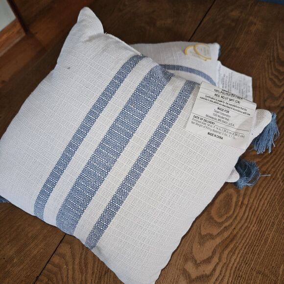 New Set of 2 White & Navy Striped Pillows | Soft Polyester Square Decor - Picture 3 of 5